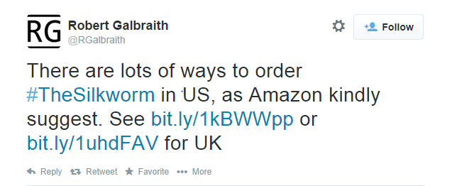 J.K. Rowling's tweet that subtly criticized Amazon for forcing her book "The Silkworm" out of stock online.